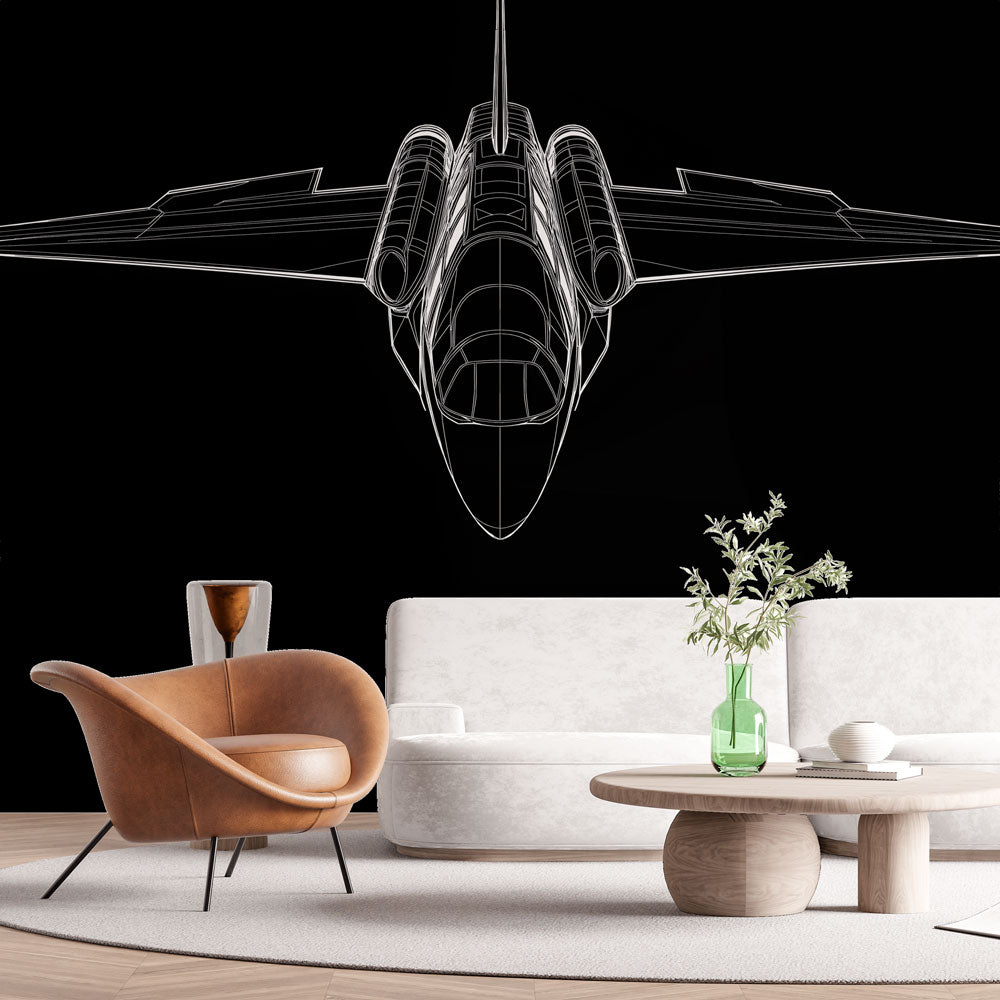 Modern airplane line art wallpaper displayed in a sleek home office, showing clean black and white technical drawing style