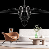 Modern airplane line art wallpaper displayed in a sleek home office, showing clean black and white technical drawing style