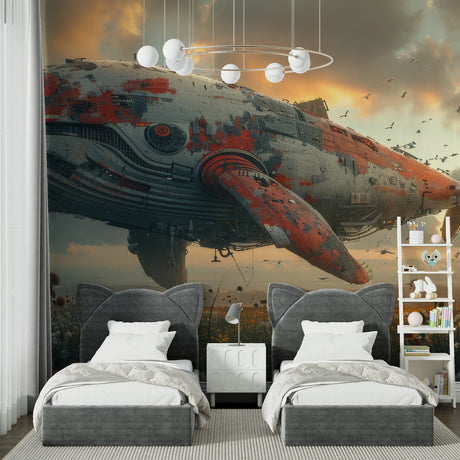 Airplane wallpaper mural in modern living room showing aircraft soaring above mountains