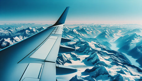 Airplane view wallpaper creating depth in a modern living room, with mountain peaks visible through aircraft window