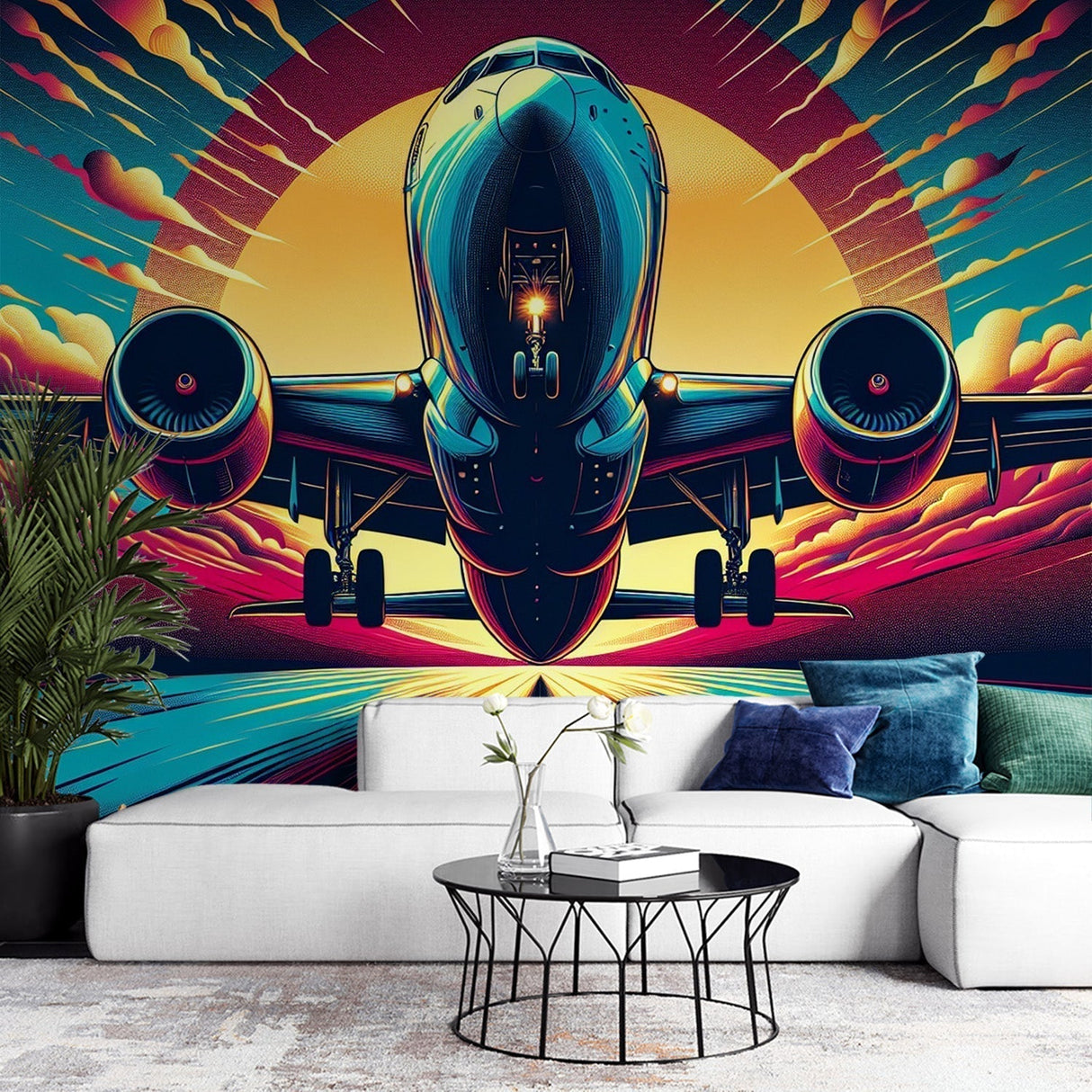 Modern Airplane Pop Art Wallpaper creating a bold statement in a minimalist living room with natural lighting