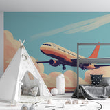 Airplane wallpaper mural in modern kids bedroom, showing retro aviation design against peaceful sunset colors
