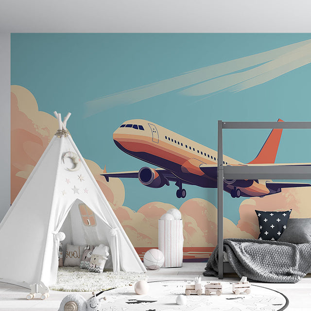 Airplane wallpaper mural in modern kids bedroom, showing retro aviation design against peaceful sunset colors