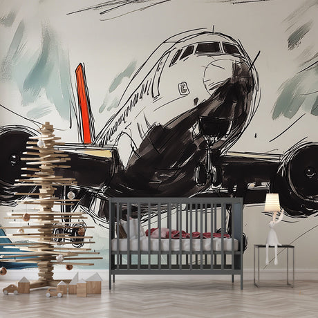 Modern Airplane Mural Wallpaper displayed in a bright kid's bedroom, showing sketch-style aviation art against grey-blue background