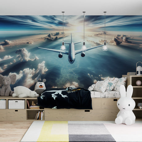 Airplane wallpaper mural creating depth in a modern kids bedroom, with sunlight streaming through the window