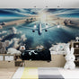 Airplane wallpaper mural creating depth in a modern kids bedroom, with sunlight streaming through the window