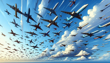 Airplane wallpaper mural styled in modern kids bedroom, showing multiple aircraft soaring through blue skies