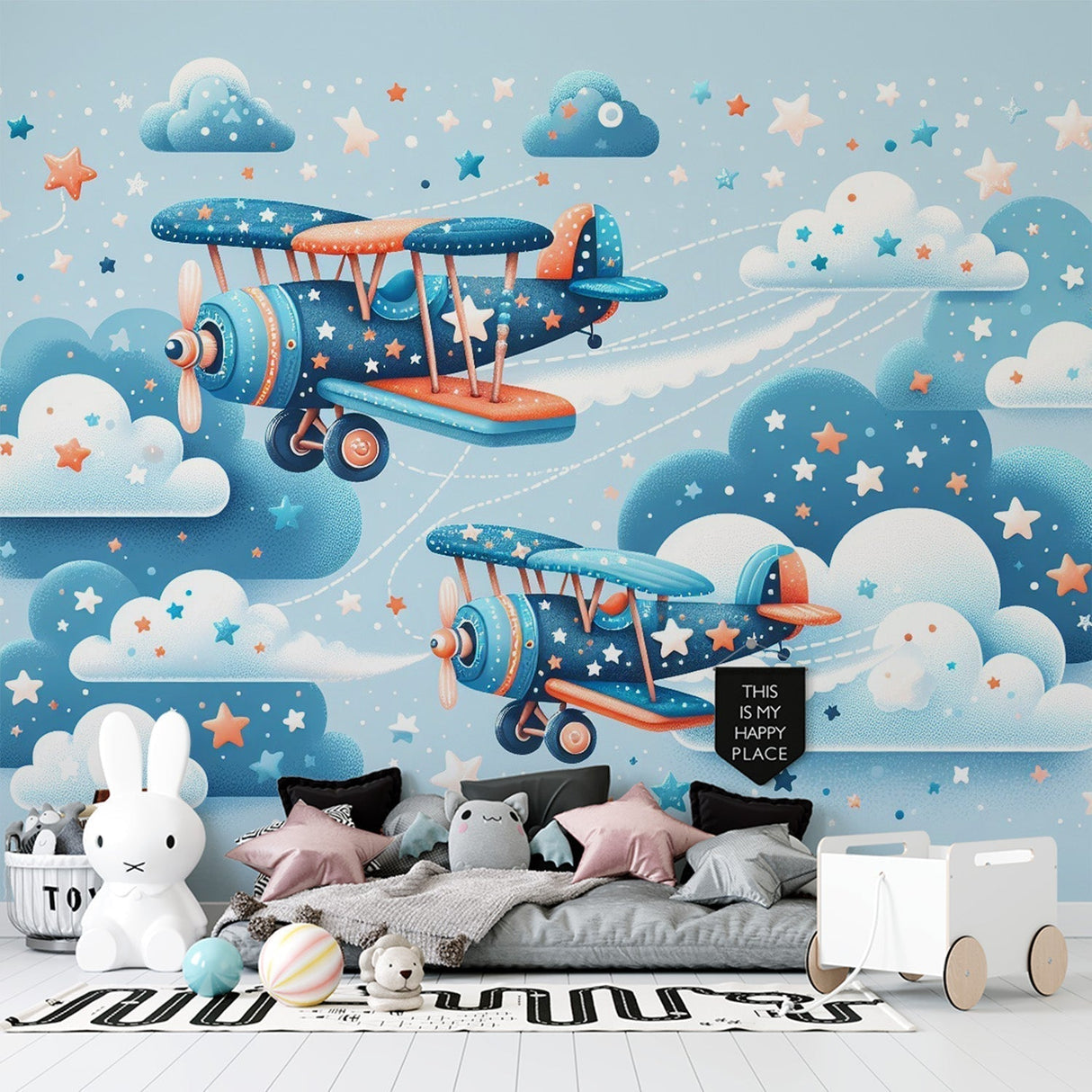 Airplane mural wallpaper bringing adventure to a modern kids bedroom, with vintage-style planes and stars creating a magical atmosphere