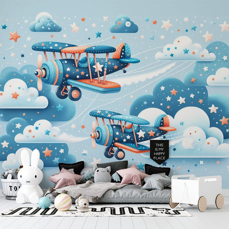 Airplane mural wallpaper bringing adventure to a modern kids bedroom, with vintage-style planes and stars creating a magical atmosphere