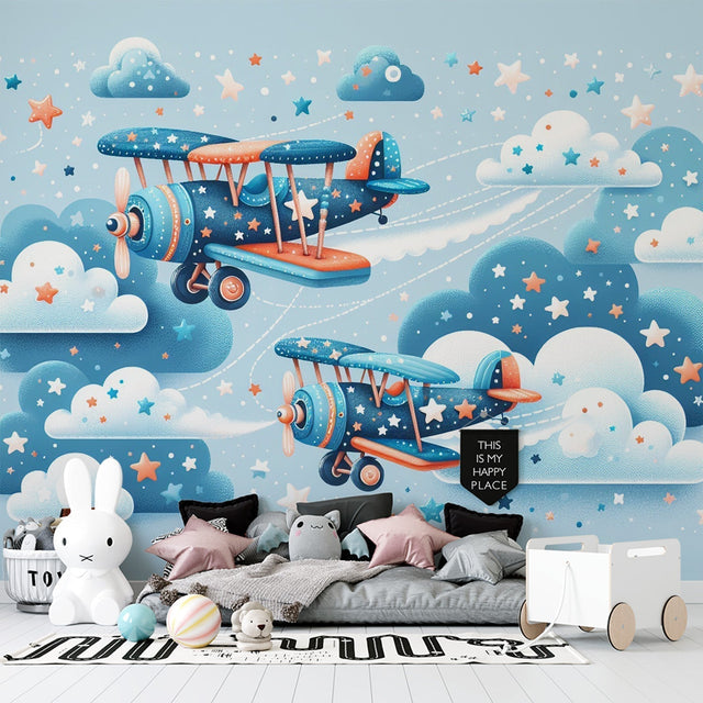 Airplane mural wallpaper bringing adventure to a modern kids bedroom, with vintage-style planes and stars creating a magical atmosphere