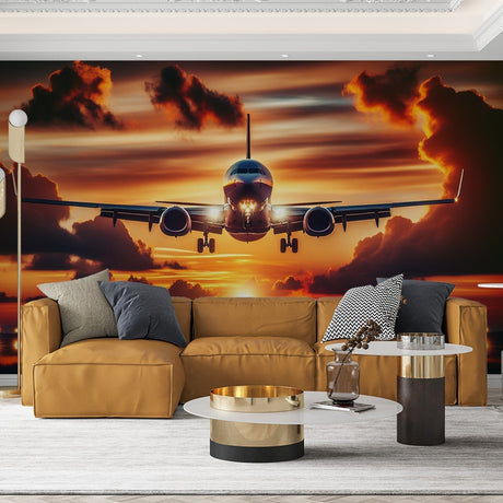 Airplane wallpaper mural in modern bedroom, showing commercial aircraft against warm sunset sky