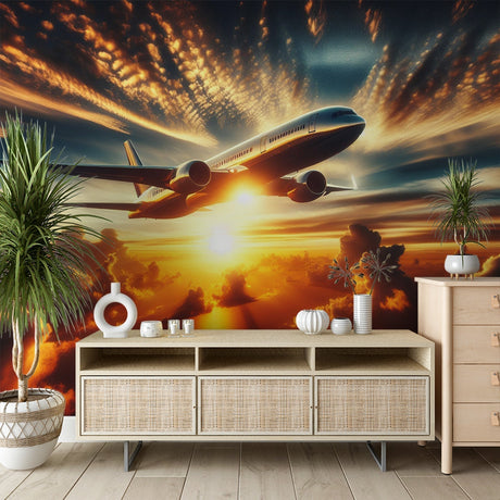 Airplane wallpaper mural creating a dramatic focal point in a modern living room with sunset glow