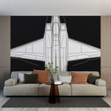 Aircraft blueprint wallpaper creating a striking focal point in a modern home office with clean minimalist furniture