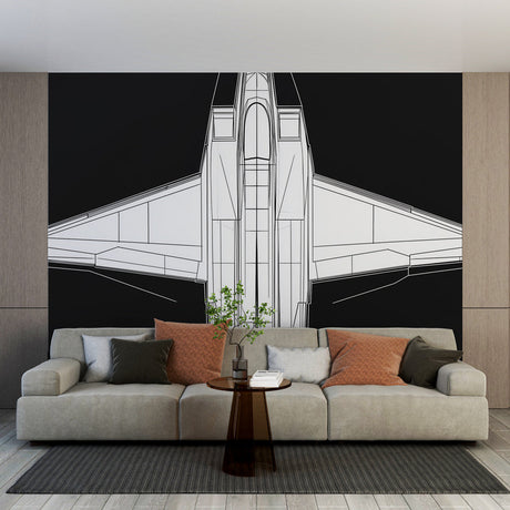Aircraft blueprint wallpaper creating a striking focal point in a modern home office with clean minimalist furniture