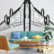 Aviation blueprint wallpaper creating a modern atmosphere in a minimalist home office with clean desk setup