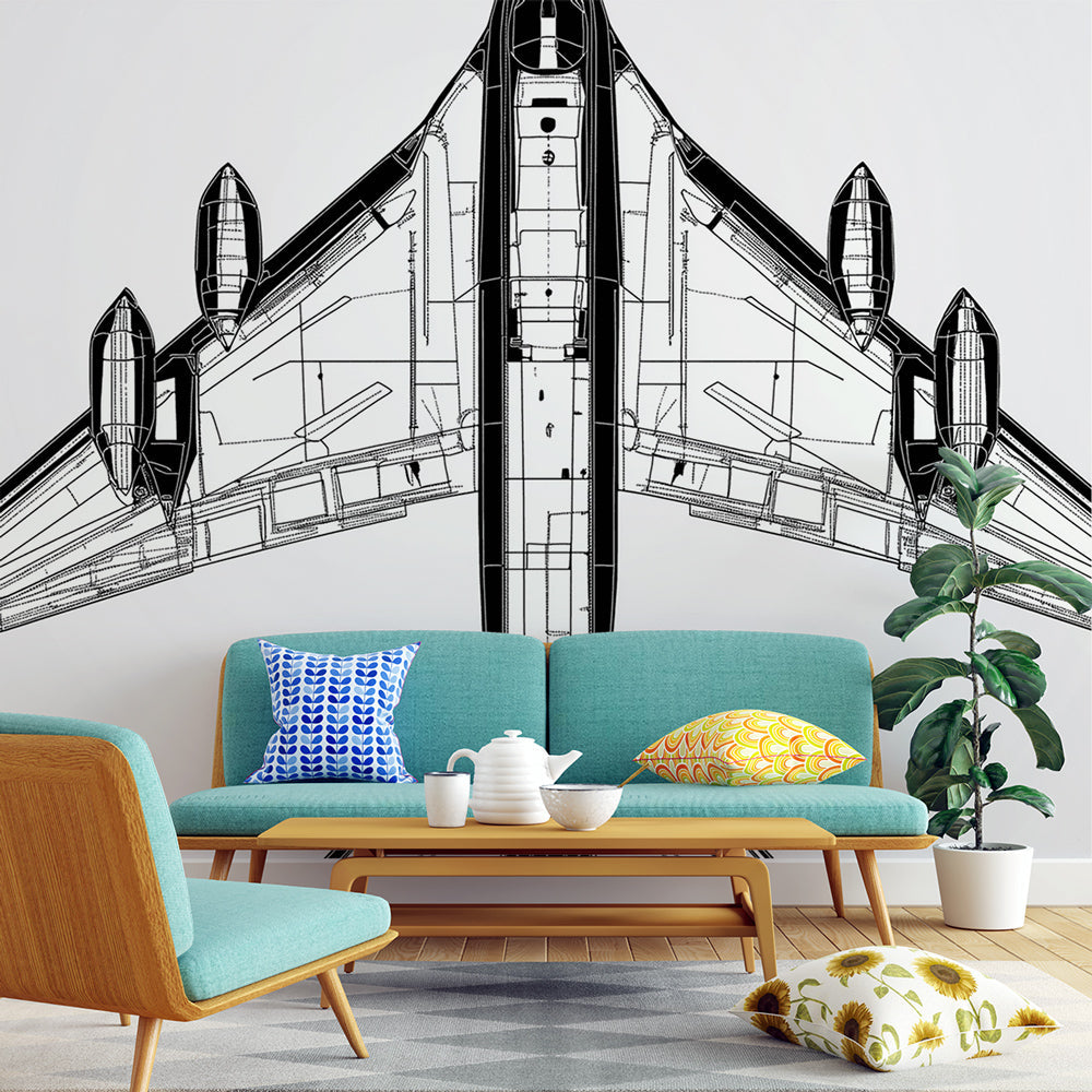 Aviation blueprint wallpaper creating a modern atmosphere in a minimalist home office with clean desk setup