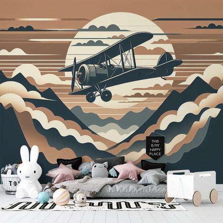 Vintage airplane wallpaper in a modern home office, showing art deco aviation scene with warm beige and navy tones