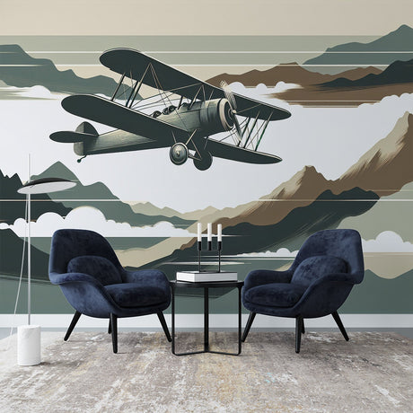 Vintage airplane wallpaper creating a focal point in a modern home office with mountain views and biplane detail