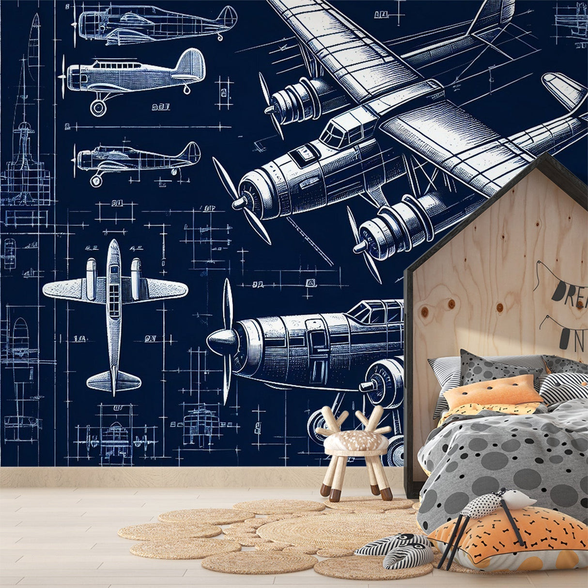Vintage airplane blueprint wallpaper creating a sophisticated atmosphere in a modern home office with navy blue technical drawings