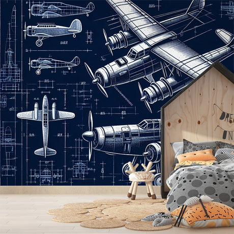 Vintage airplane blueprint wallpaper creating a sophisticated atmosphere in a modern home office with navy blue technical drawings