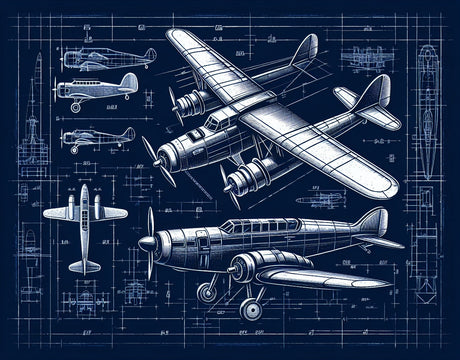 Aviation blueprint design file showing detailed technical aircraft drawings in white on navy background