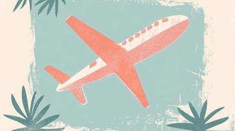 Vintage coral airplane wallpaper design file with mint background and tropical leaf accents