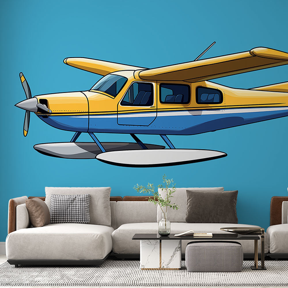 Vintage seaplane wallpaper bringing adventure to a bright kids bedroom, yellow and navy design on turquoise background