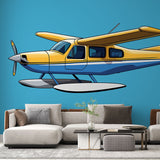 Vintage seaplane wallpaper bringing adventure to a bright kids bedroom, yellow and navy design on turquoise background