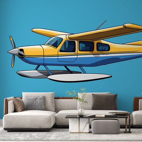 Vintage seaplane wallpaper bringing adventure to a bright kids bedroom, yellow and navy design on turquoise background