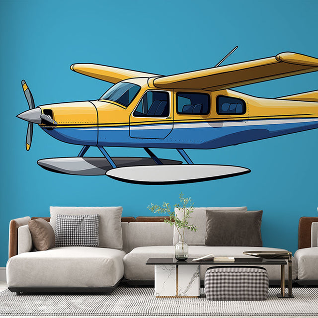 Vintage seaplane wallpaper bringing adventure to a bright kids bedroom, yellow and navy design on turquoise background