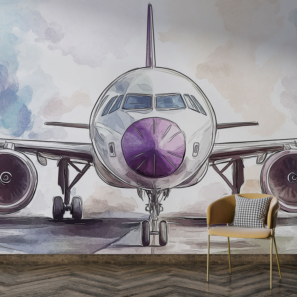 Modern Airplane Wallpaper displayed in a bright home office, showing purple and silver watercolor aircraft design
