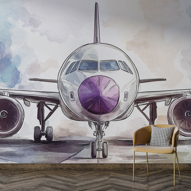 Modern Airplane Wallpaper displayed in a bright home office, showing purple and silver watercolor aircraft design