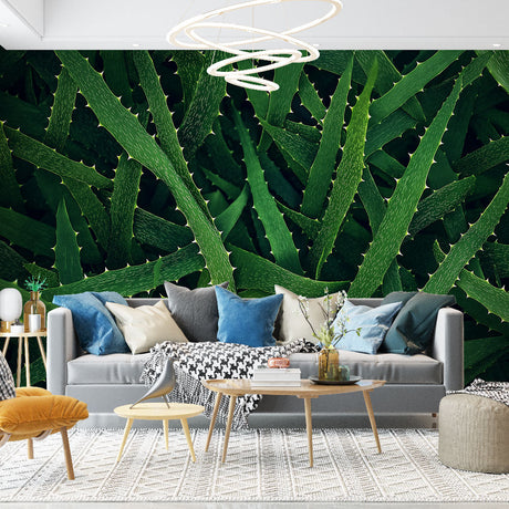 Botanical Aloe Vera wallpaper in a modern home office, showing geometric green pattern creating a fresh workspace atmosphere