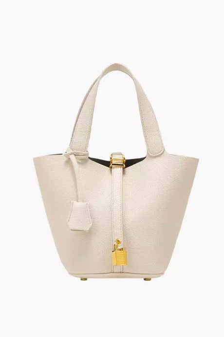 Classic Tote Handbag  Cream Textured Leather Look - Product showcase