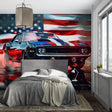 Classic American muscle car wallpaper displayed in a modern garage, showing bold contrasts and dynamic lighting