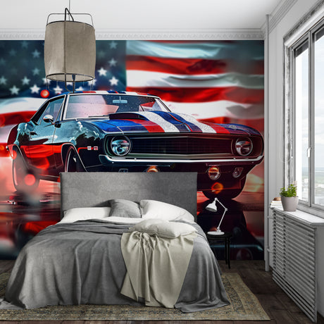 Classic American muscle car wallpaper displayed in a modern garage, showing bold contrasts and dynamic lighting