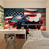 Vintage car mural creating focal point in contemporary living room with leather furniture