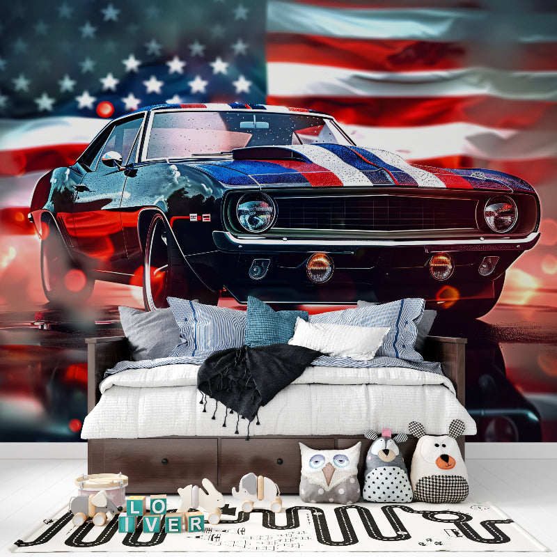 American car wallpaper bringing character to an industrial-style game room setup