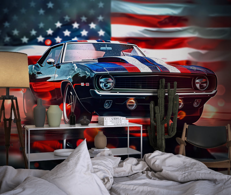 Car mural wallpaper making statement in man cave entertainment space