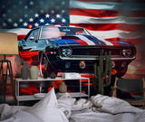 Car mural wallpaper making statement in man cave entertainment space