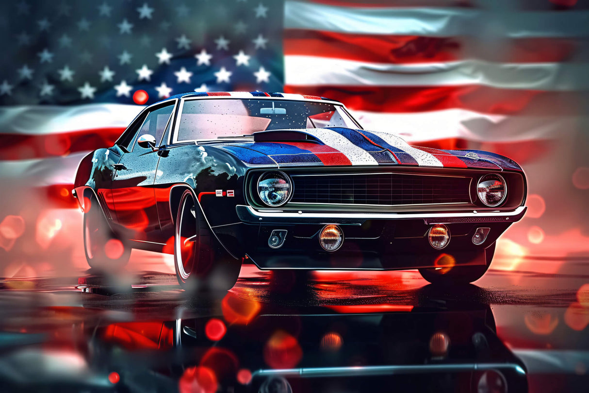 Design file showing detailed vintage muscle car pattern with American flag background