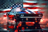 Design file showing detailed vintage muscle car pattern with American flag background