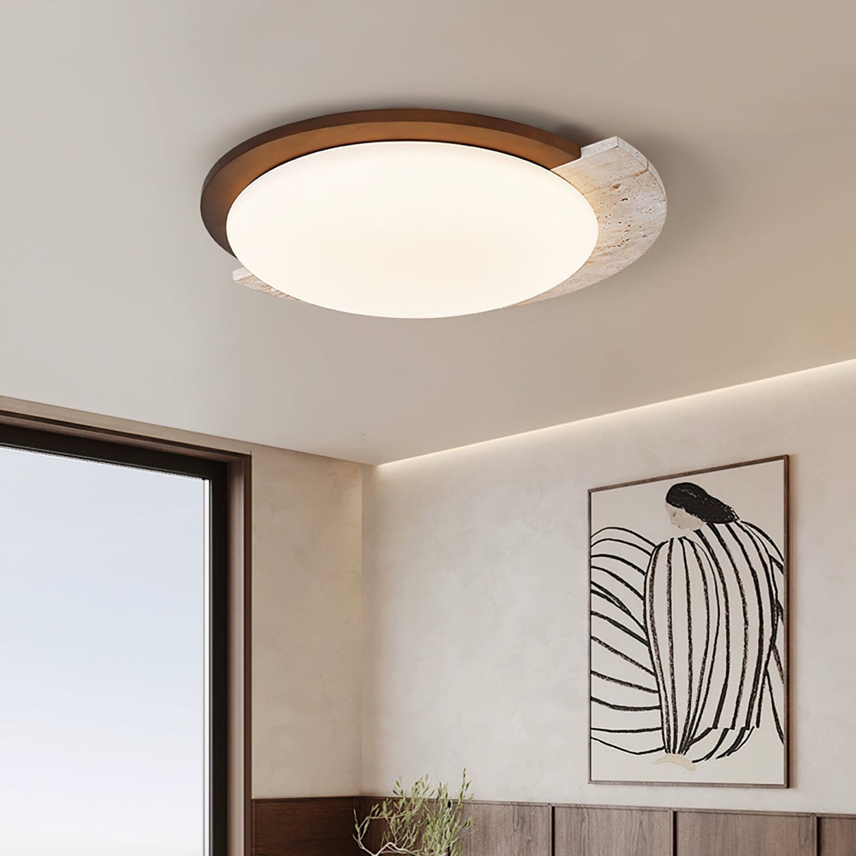 Modern Travertine Ceiling Light  Oval Wood Acrylic Design - Product detail 5