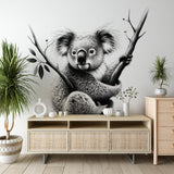Charcoal Koala Wall Mural displayed in a modern living room, showing scale and black and white design impact