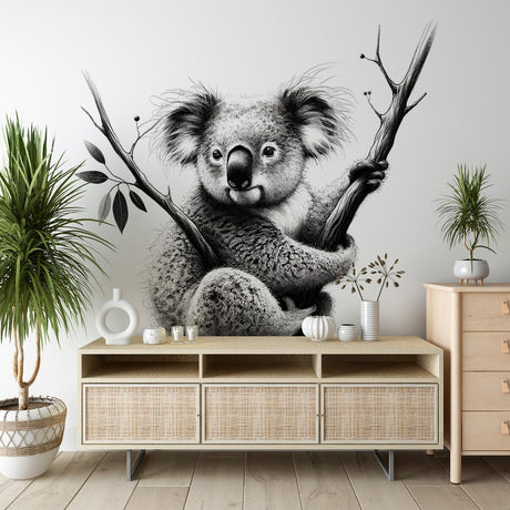 Charcoal Koala Wall Mural displayed in a modern living room, showing scale and black and white design impact