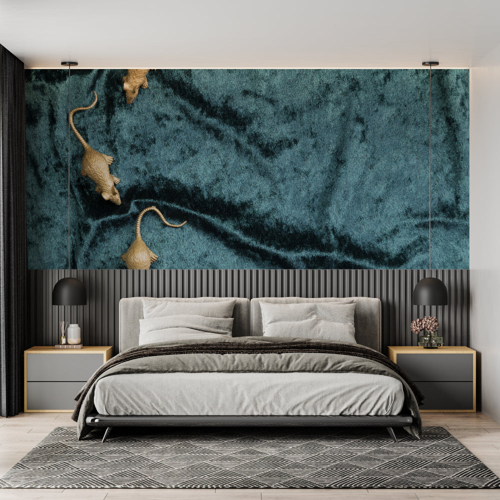 Luxury animal wallpaper with golden mice in modern living room, teal and gold color scheme creates depth