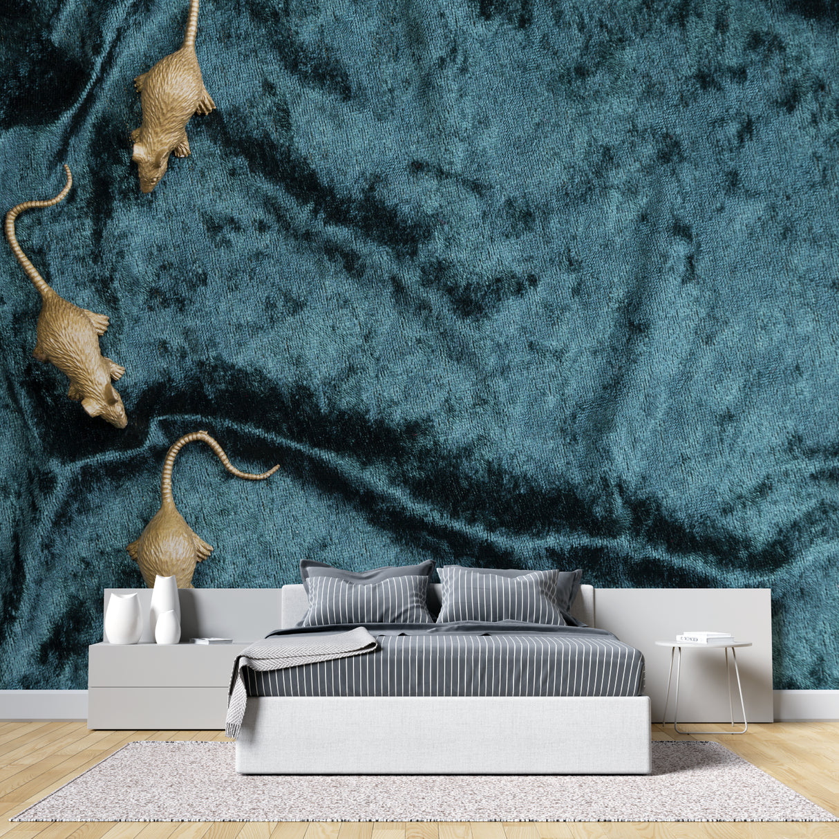 Teal and gold mice wallpaper making a bold statement in dining room setting