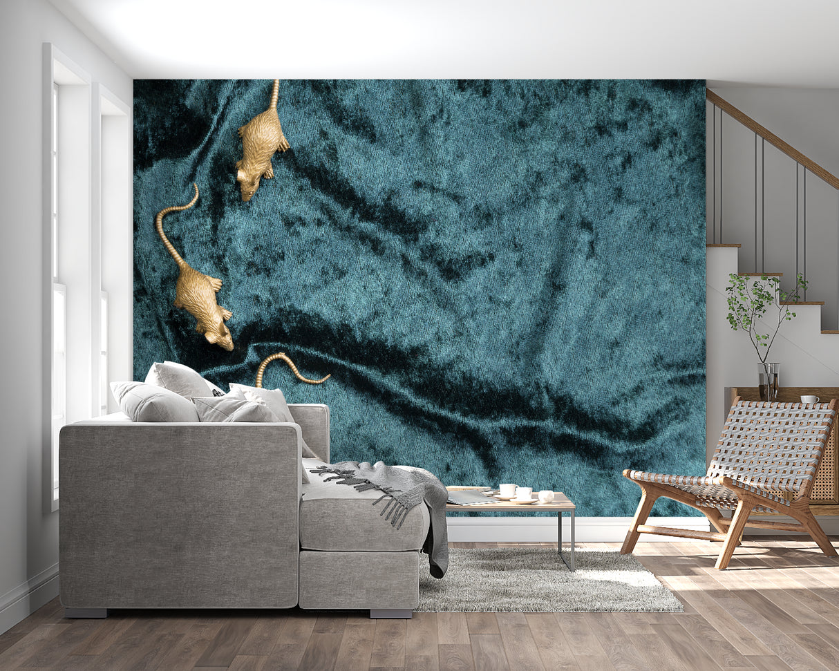 Modern animal mural featuring mice in home office, showing scale and movement