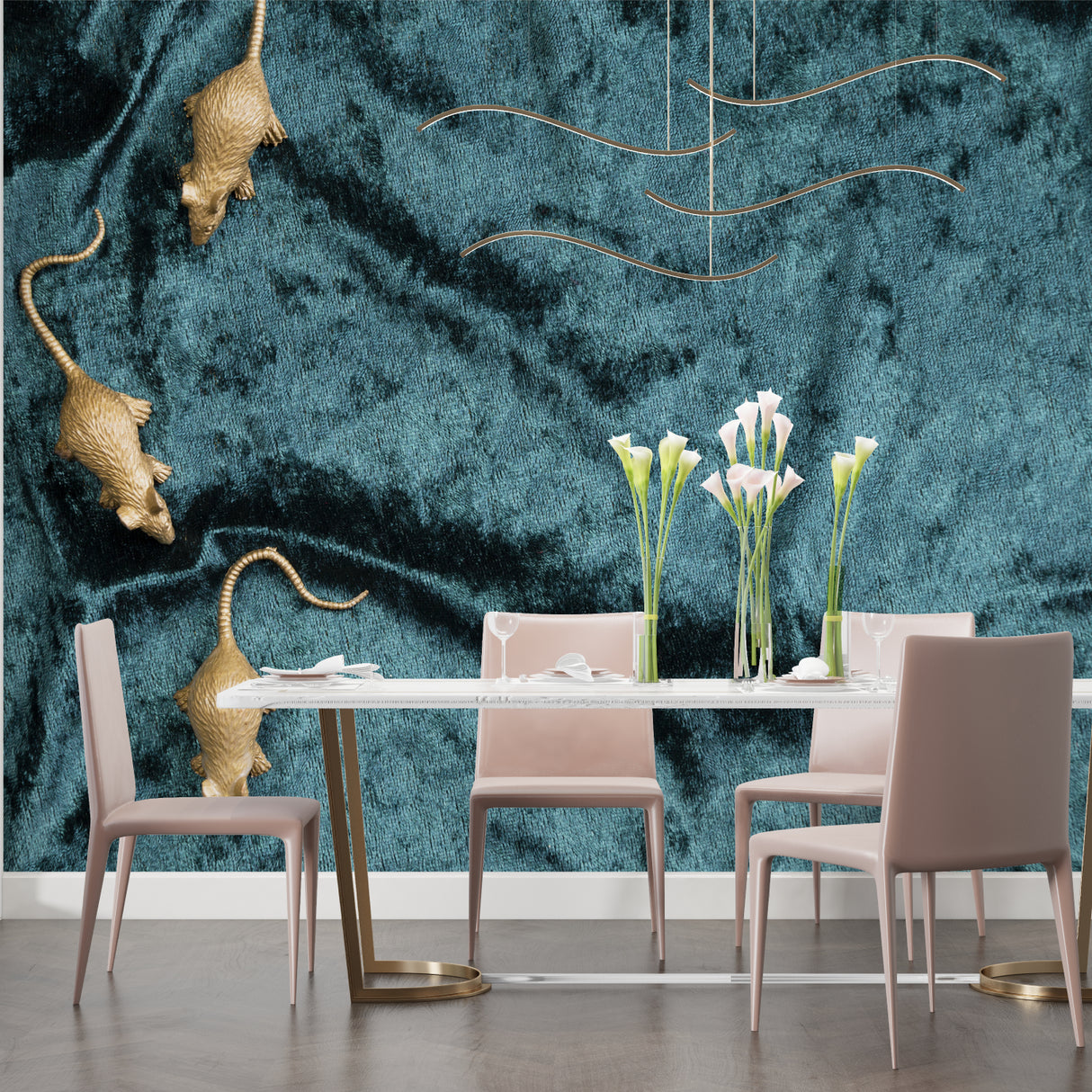 Golden mice wallpaper creating dramatic accent wall in bedroom setting