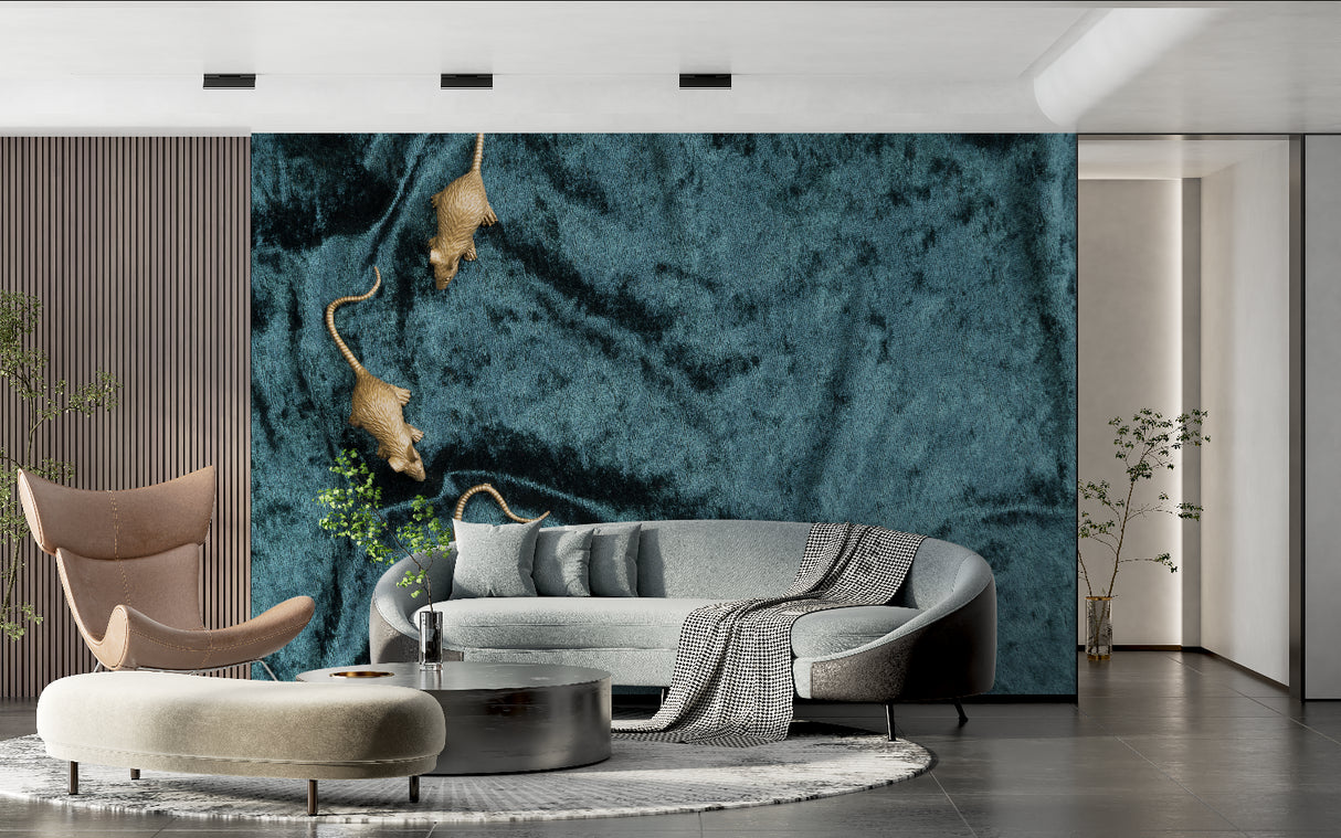 Teal velvet animal wallpaper close-up in hallway, showing metallic details
